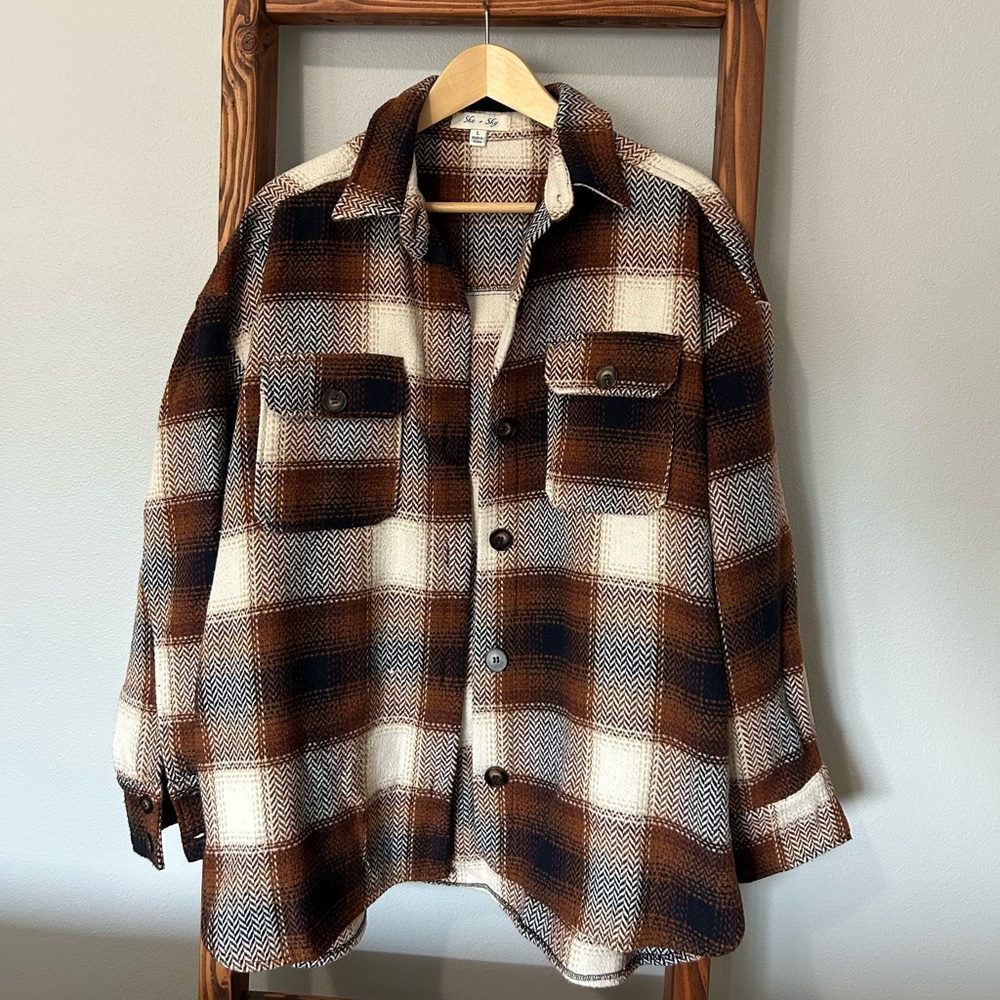 She + Sky Women’s Plaid Shirt Jacket in Brown and Cream